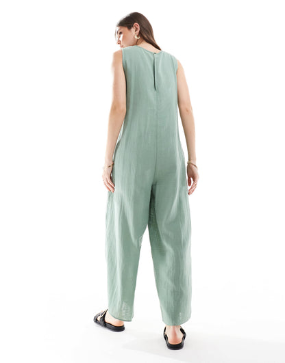 ASOS DESIGN crew neck culotte romper jumpsuit in khaki