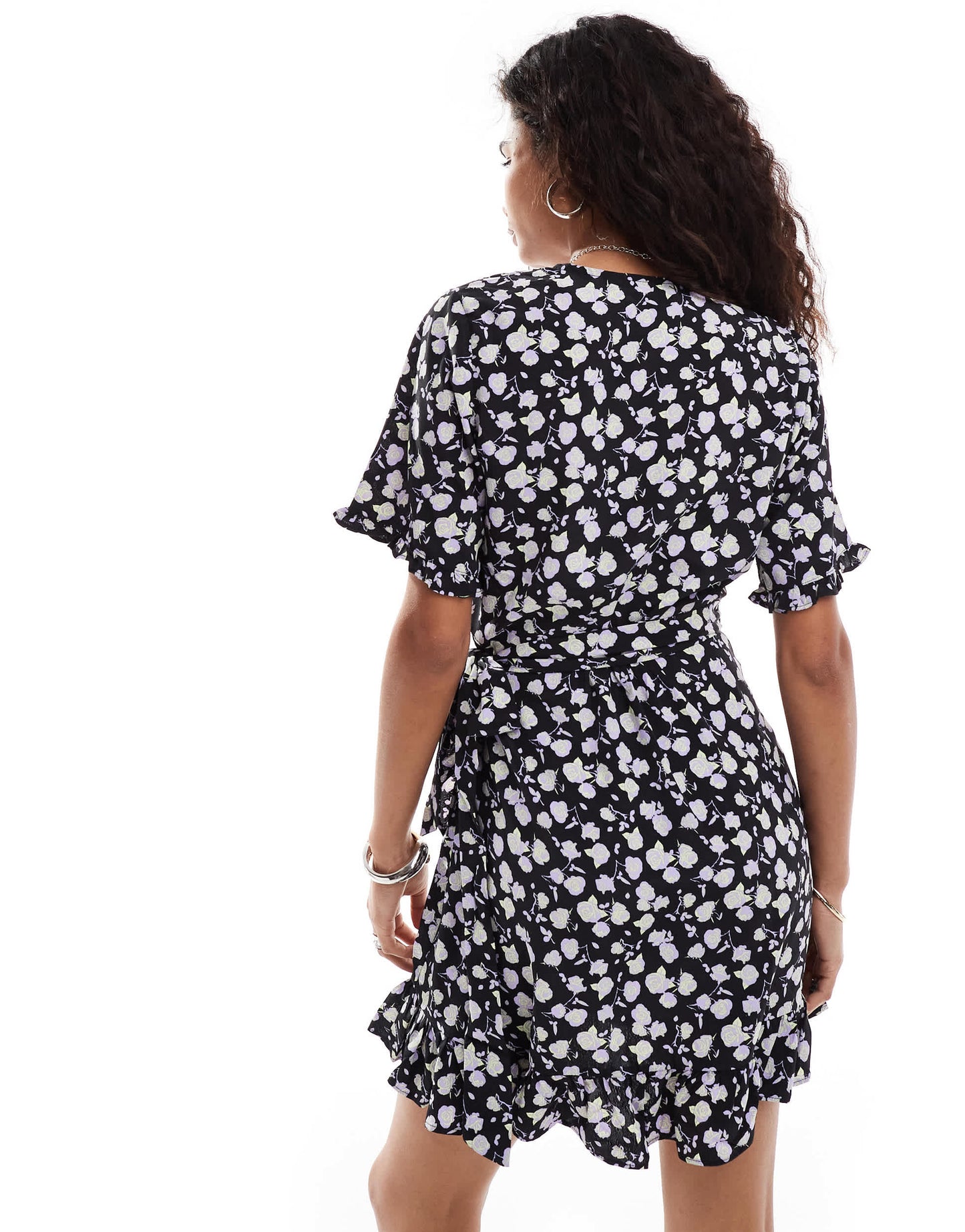 Glamorous rose print wrap mini dress in black and lilac