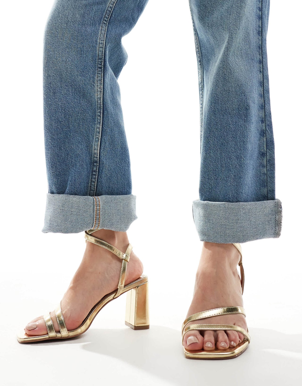 ASOS DESIGN Wide Fit Hampstead mid heeled sandals in gold