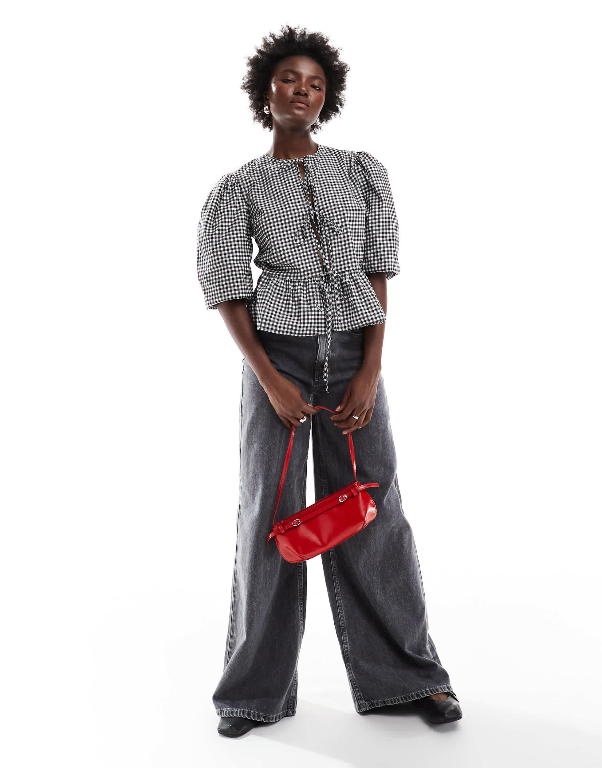 ASOS DESIGN cotton poplin tie front peplum blouse in black gingham