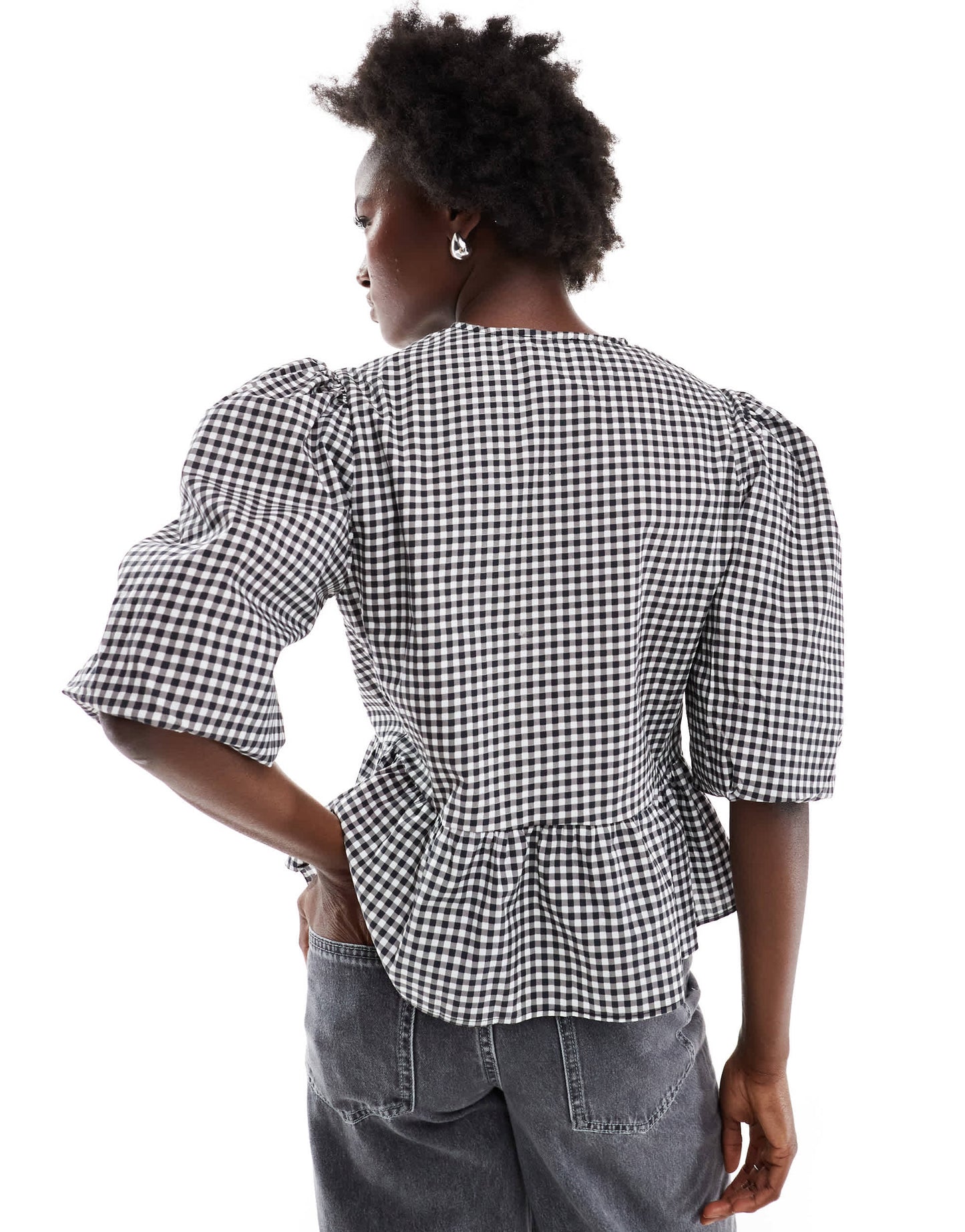 ASOS DESIGN cotton poplin tie front peplum blouse in black gingham