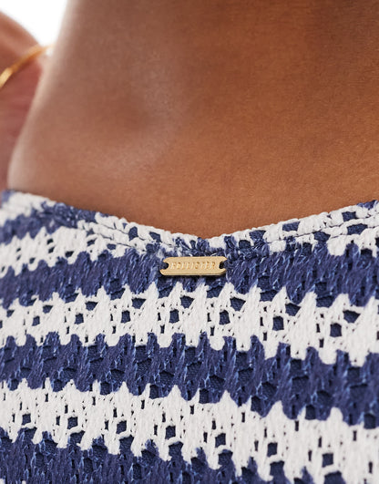 Hollister co-ord crochet high leg bikini bottom in blue and white stripe