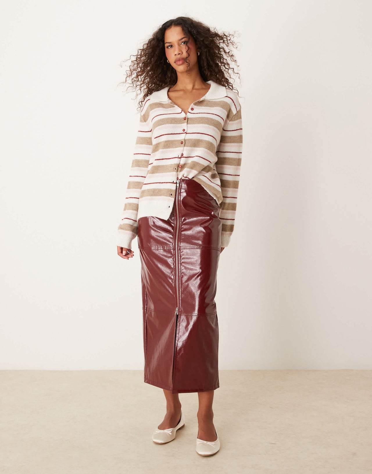 ASOS DESIGN zip front high shine leather look midi skirt in burgundy