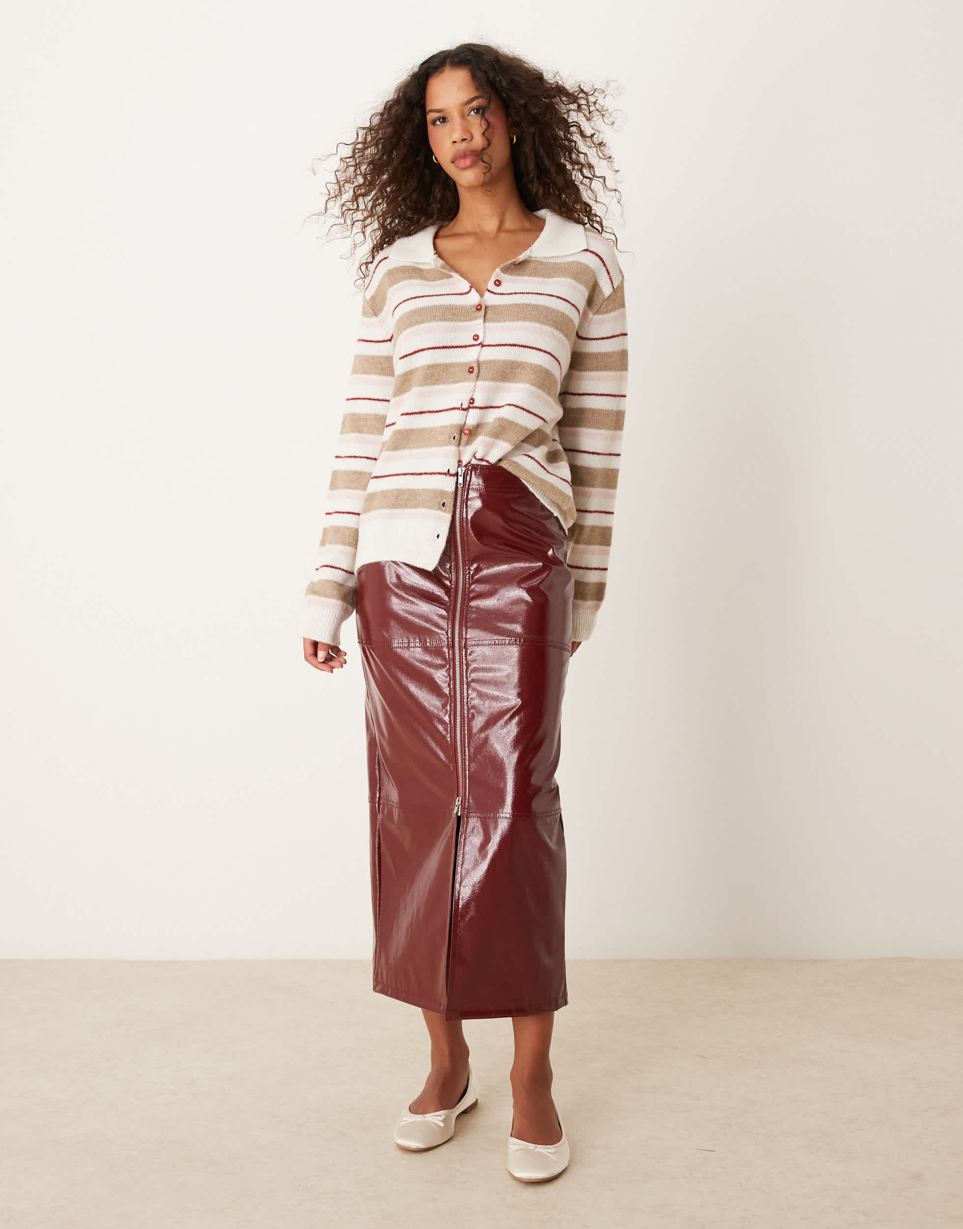 ASOS DESIGN zip front high shine leather look midi skirt in burgundy