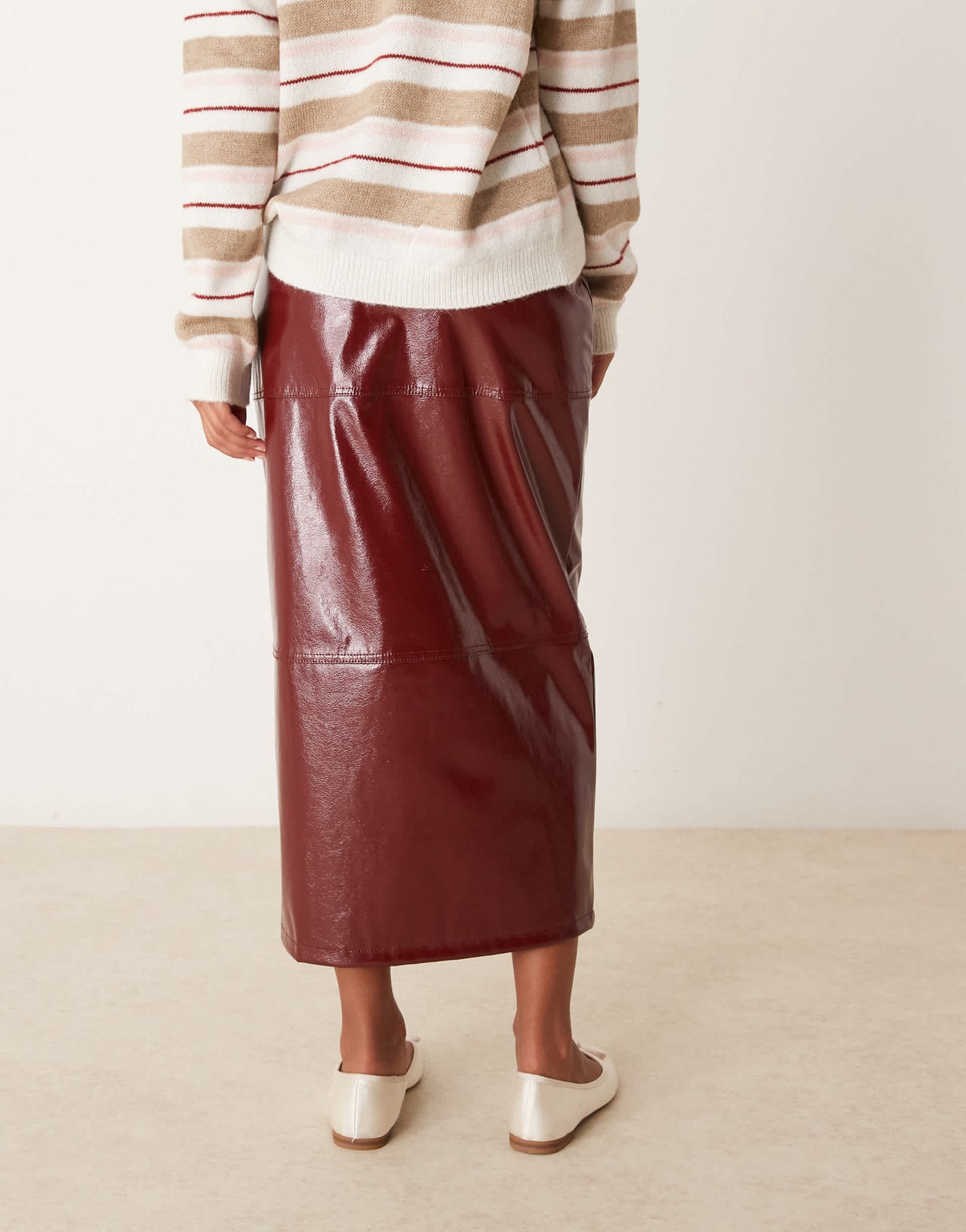 ASOS DESIGN zip front high shine leather look midi skirt in burgundy