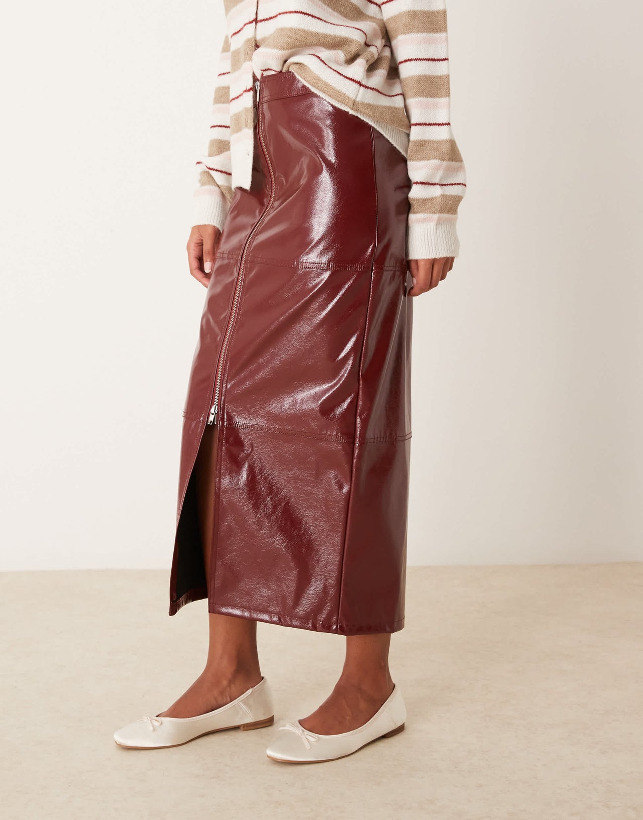 ASOS DESIGN zip front high shine leather look midi skirt in burgundy