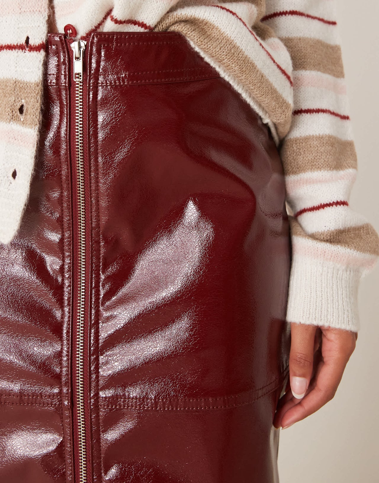 ASOS DESIGN zip front high shine leather look midi skirt in burgundy