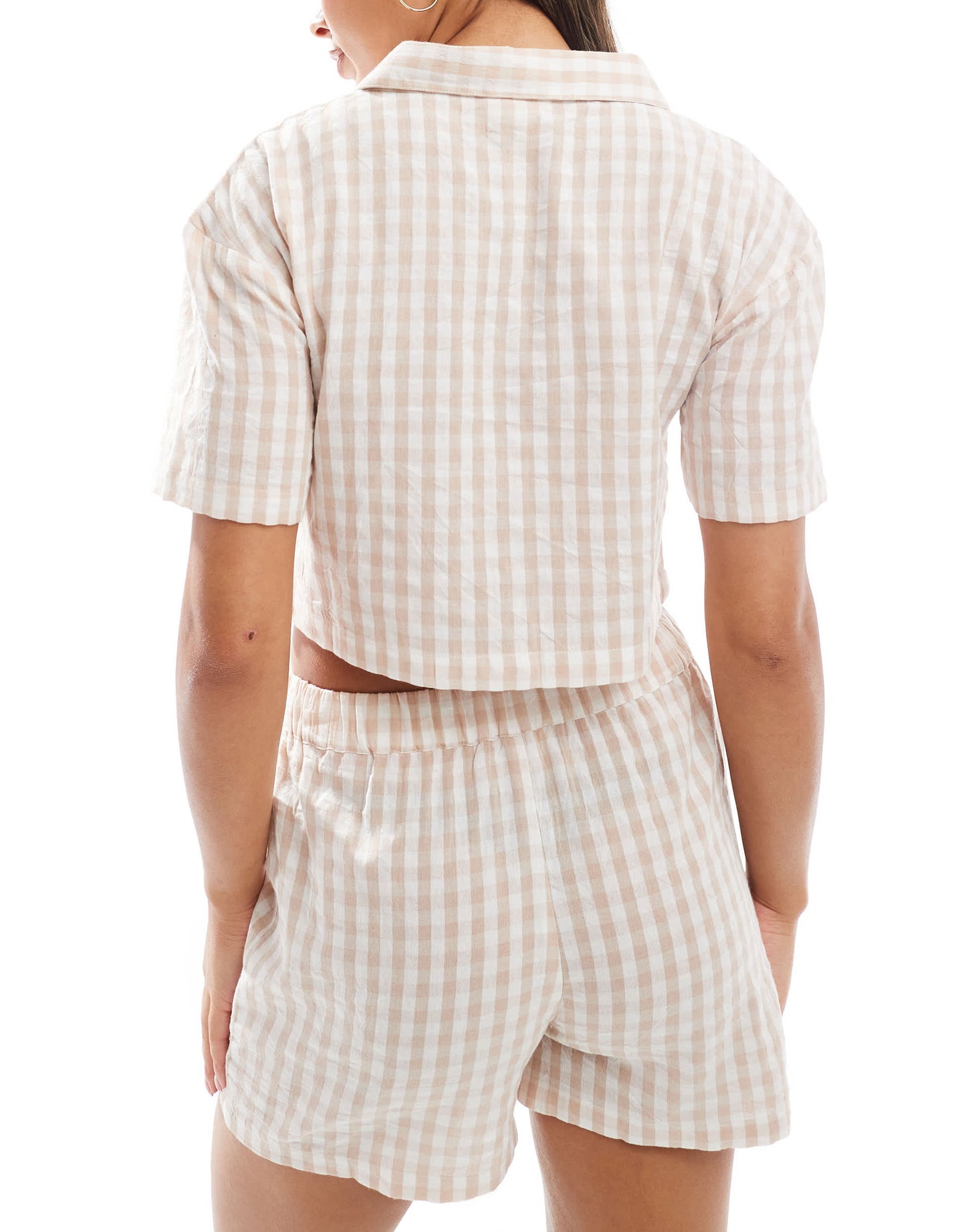 Luna cropped pyjama shirt in beige check