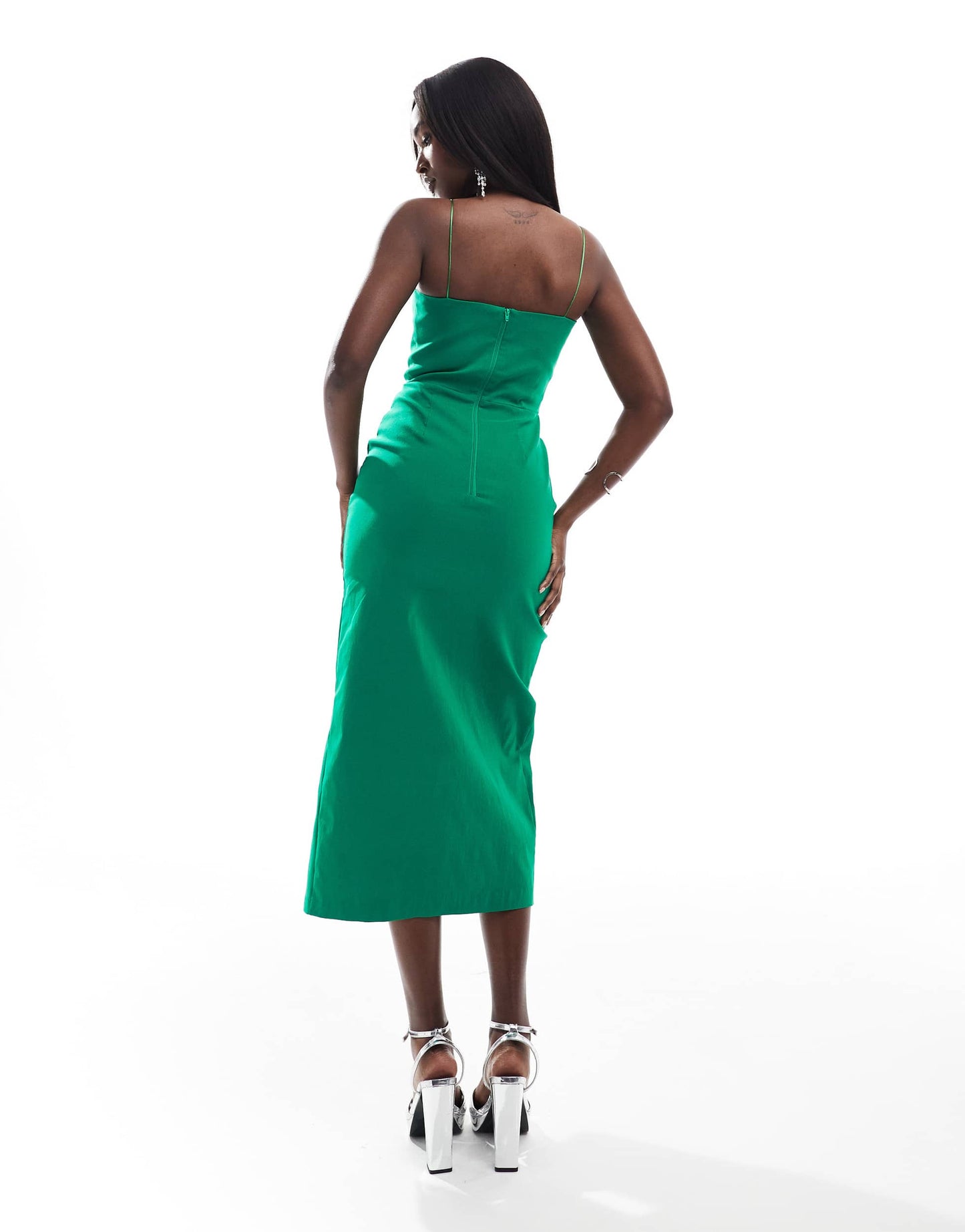 Vesper bengaline notch detail cami strap thigh split midi dress in green