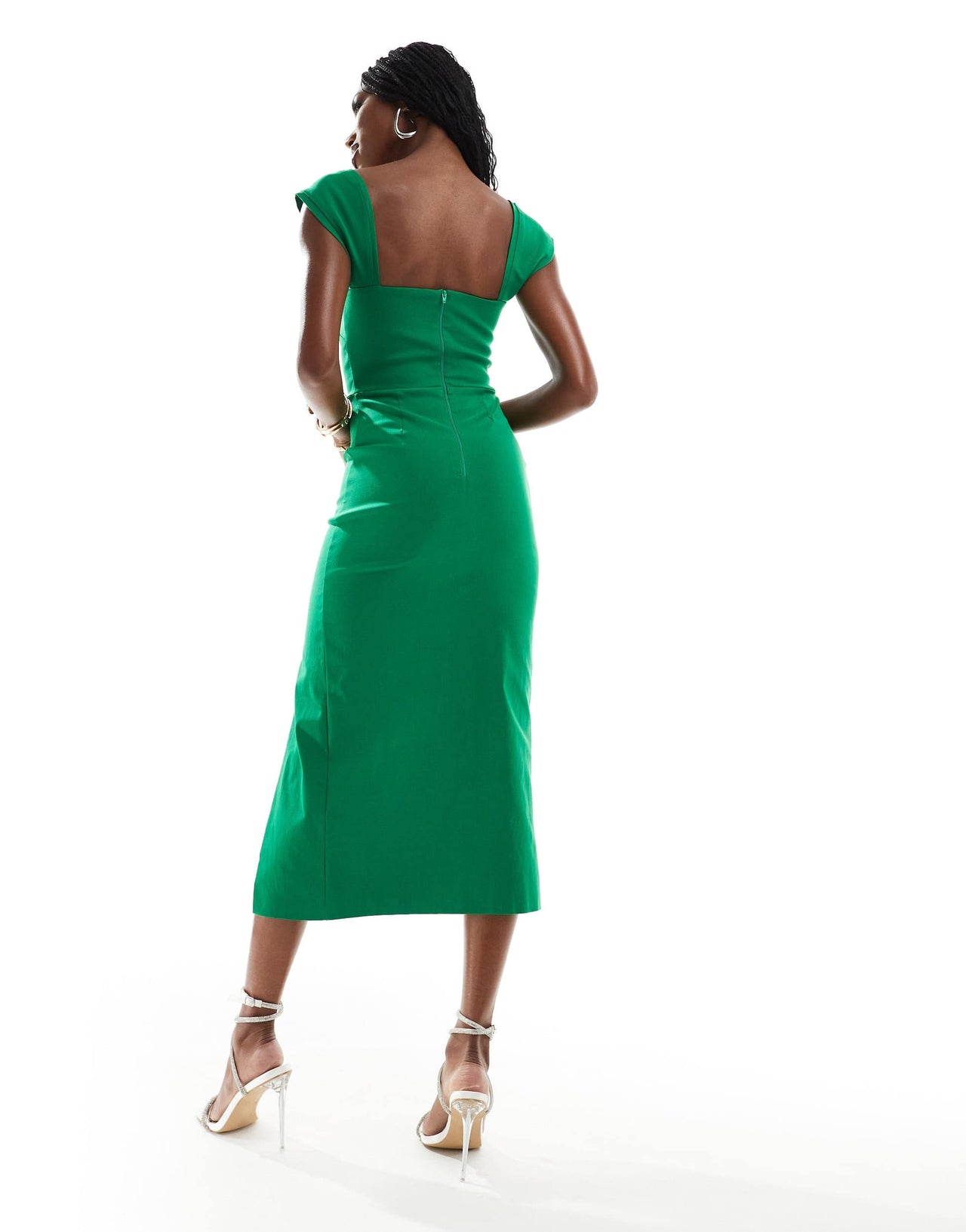 Vesper bengaline bardot midi dress with thigh split in emerald