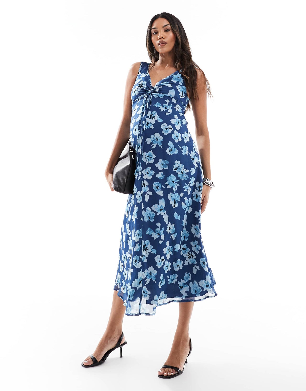 ASOS DESIGN Maternity V neck midi dress with ruched bust detail in blue floral