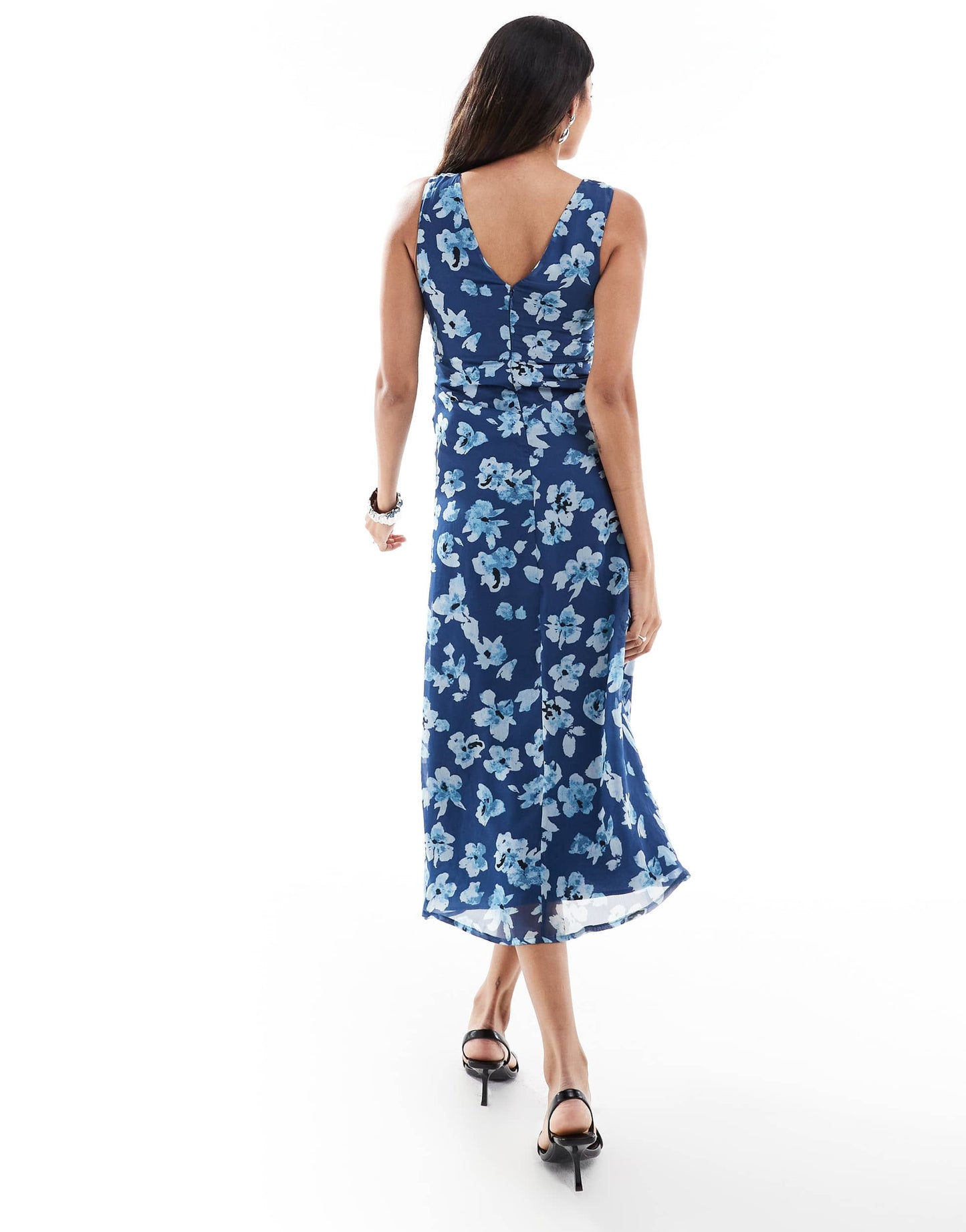 ASOS DESIGN Maternity V neck midi dress with ruched bust detail in blue floral