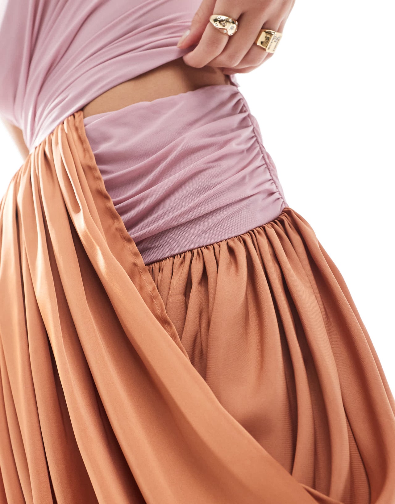 ASOS DESIGN colour block mini dress with satin drape skirt in pink & rust