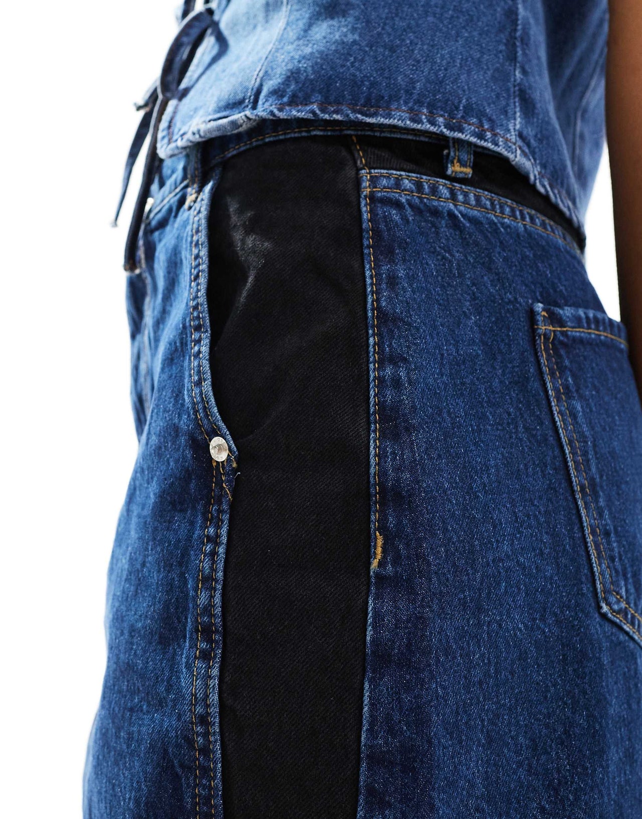 ASOS DESIGN denim mini skirt with contrast panels in blue and black