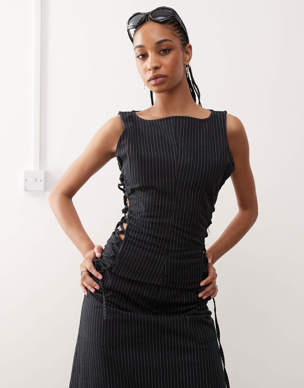 COLLUSION slash neck top co ord with lace up detail in black pinstripe