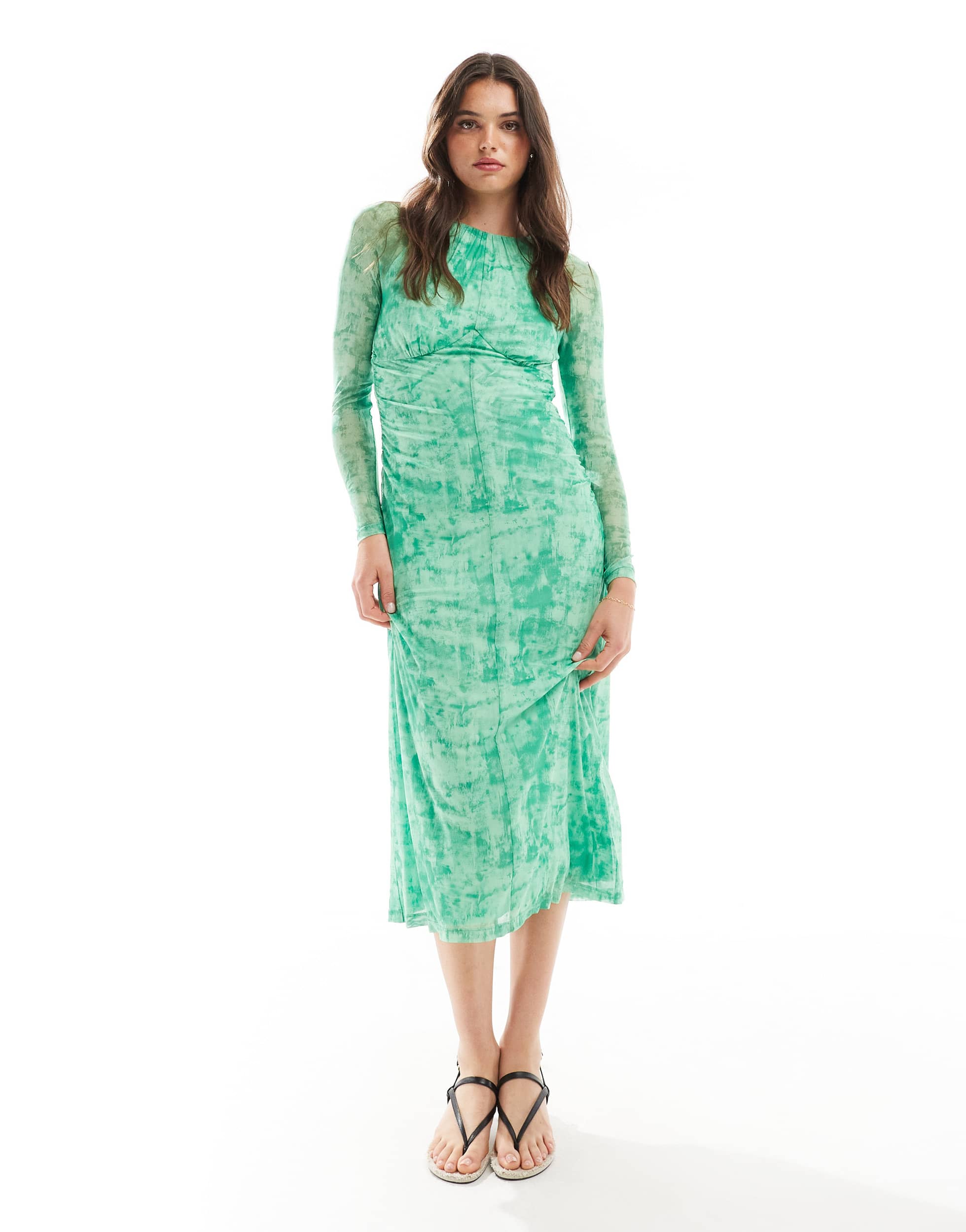 Whistles mesh midi dress in green print