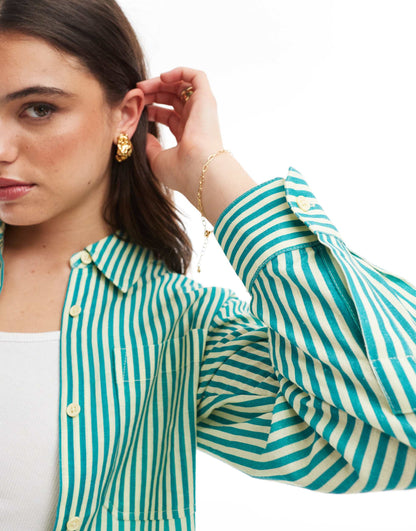 Whistles linen mix seaside stripe shirt in green co-ord