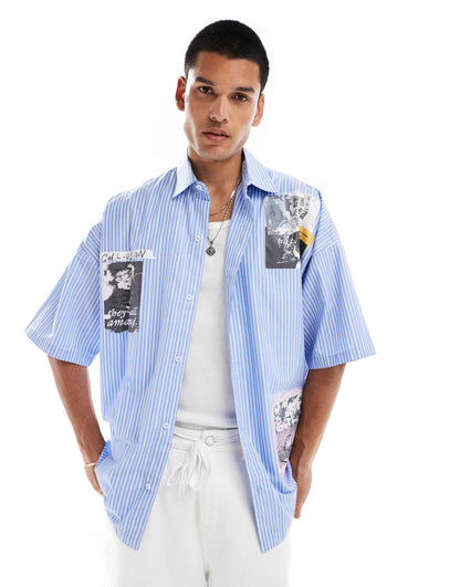 COLLUSION oversized short sleeve shirt in stripe with photographic print