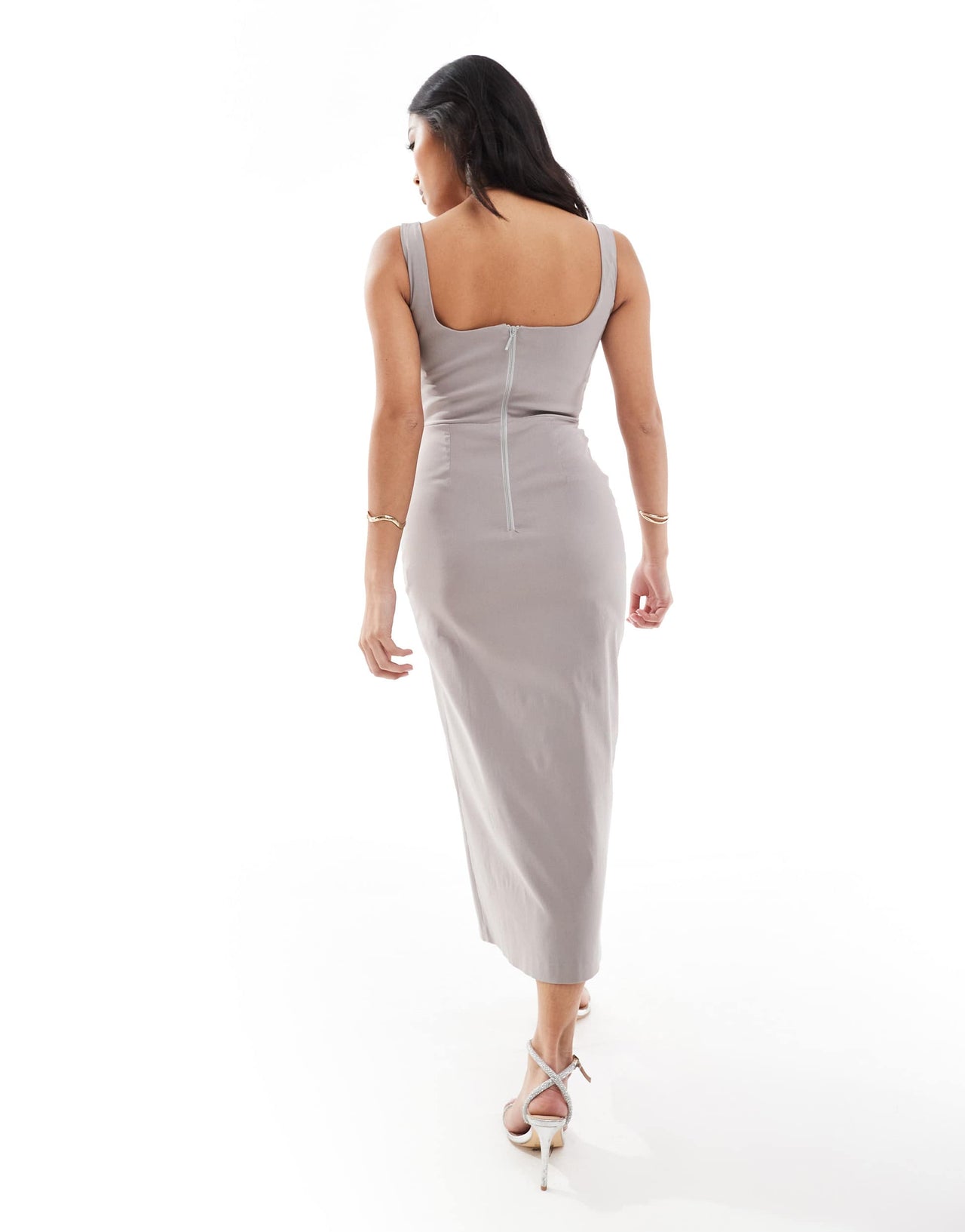 Vesper Petite bengaline exclusive sleeveless bodycon thigh split midi dress in stone grey