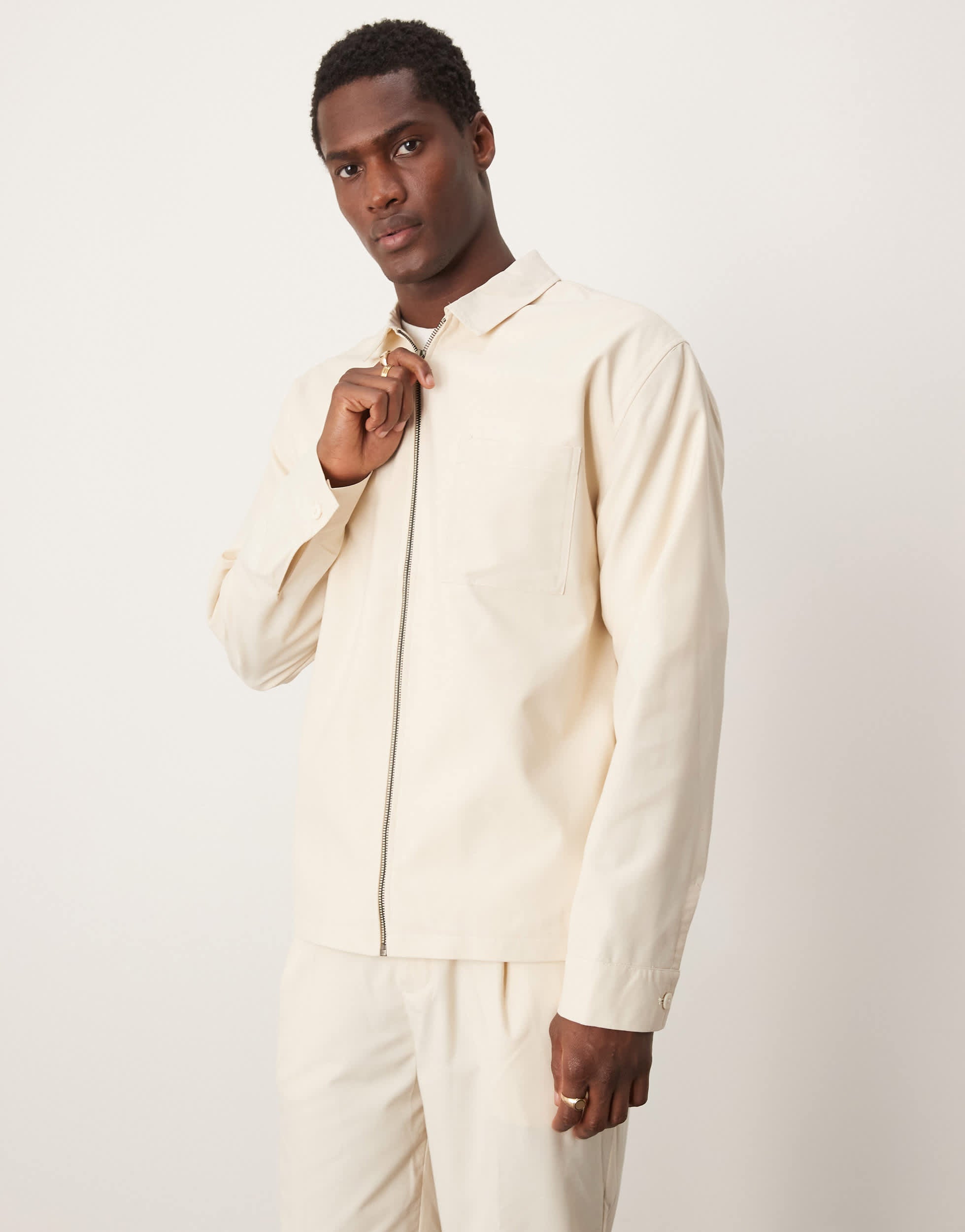 ASOS DESIGN smart co-ord zip through shirt jacket in cream