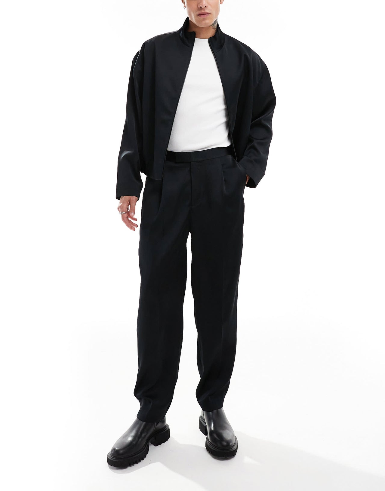 ASOS DESIGN smart co-ord oversized tapered trousers in black satin with elasticated waist