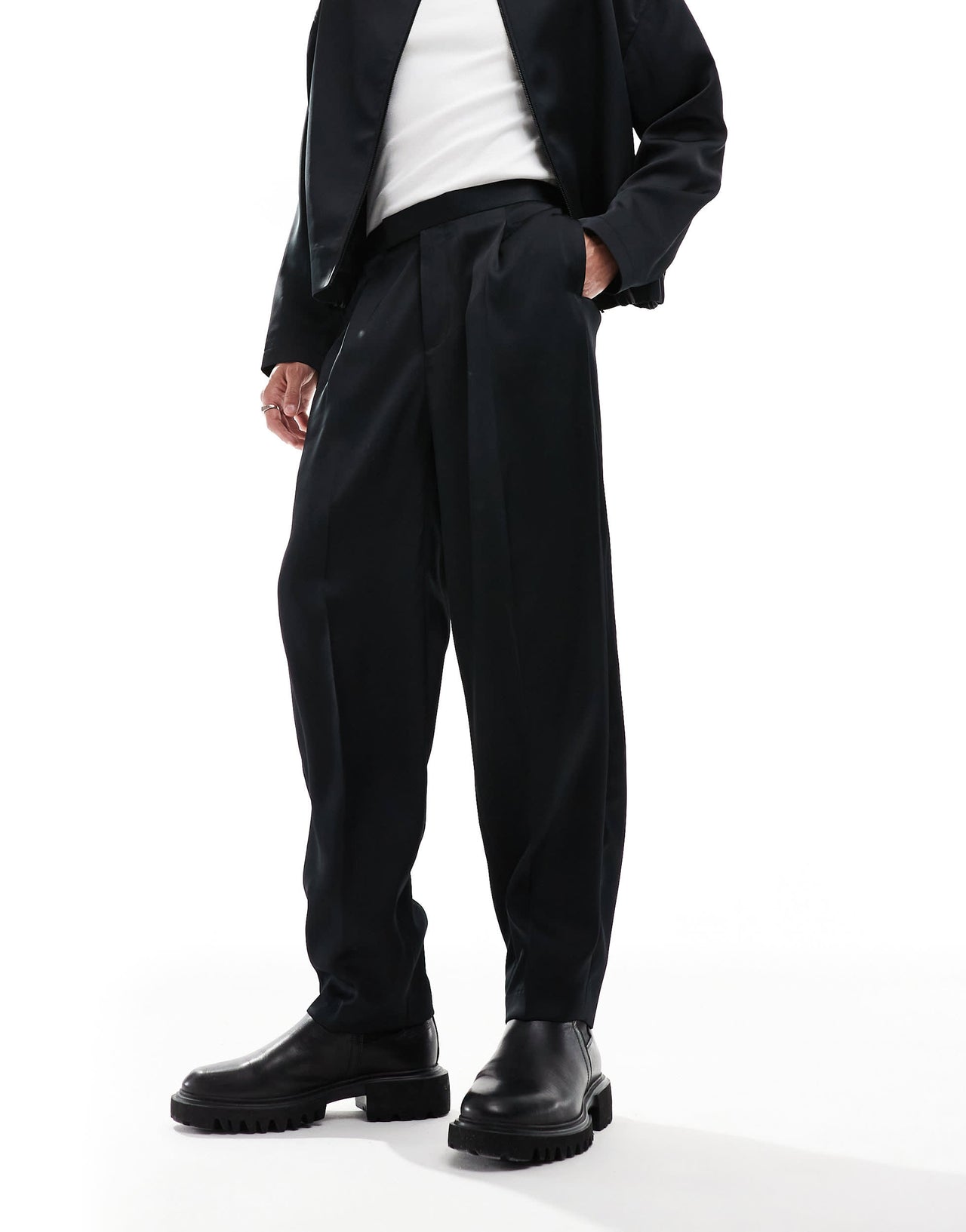 ASOS DESIGN smart co-ord oversized tapered trousers in black satin with elasticated waist