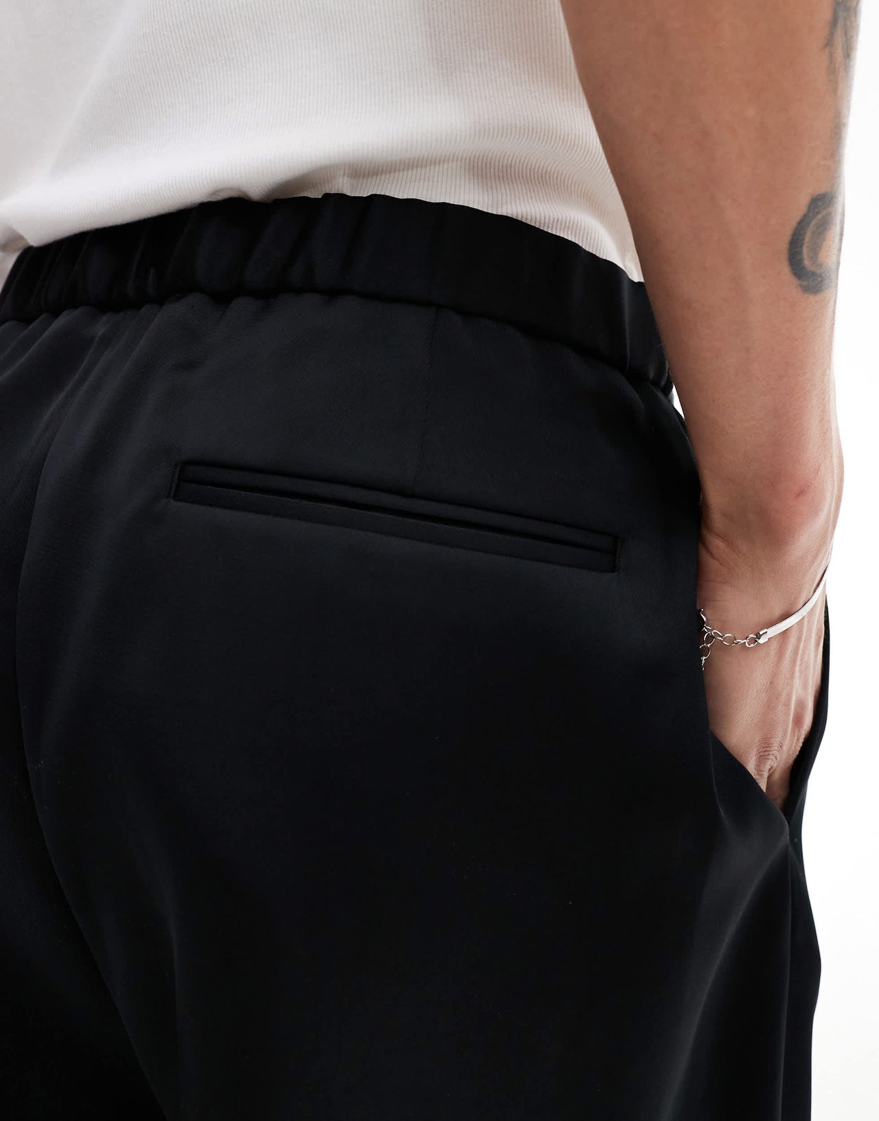 ASOS DESIGN smart co-ord oversized tapered trousers in black satin with elasticated waist