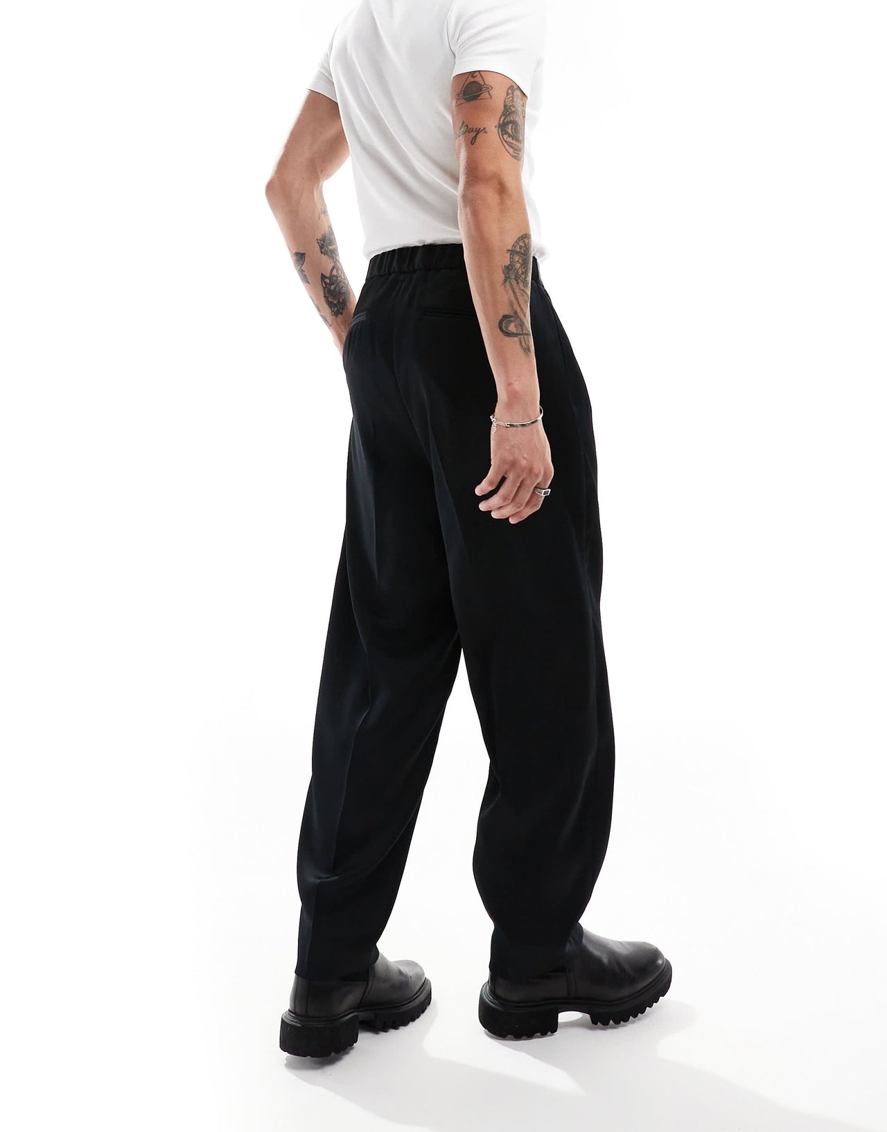 ASOS DESIGN smart co-ord oversized tapered trousers in black satin with elasticated waist