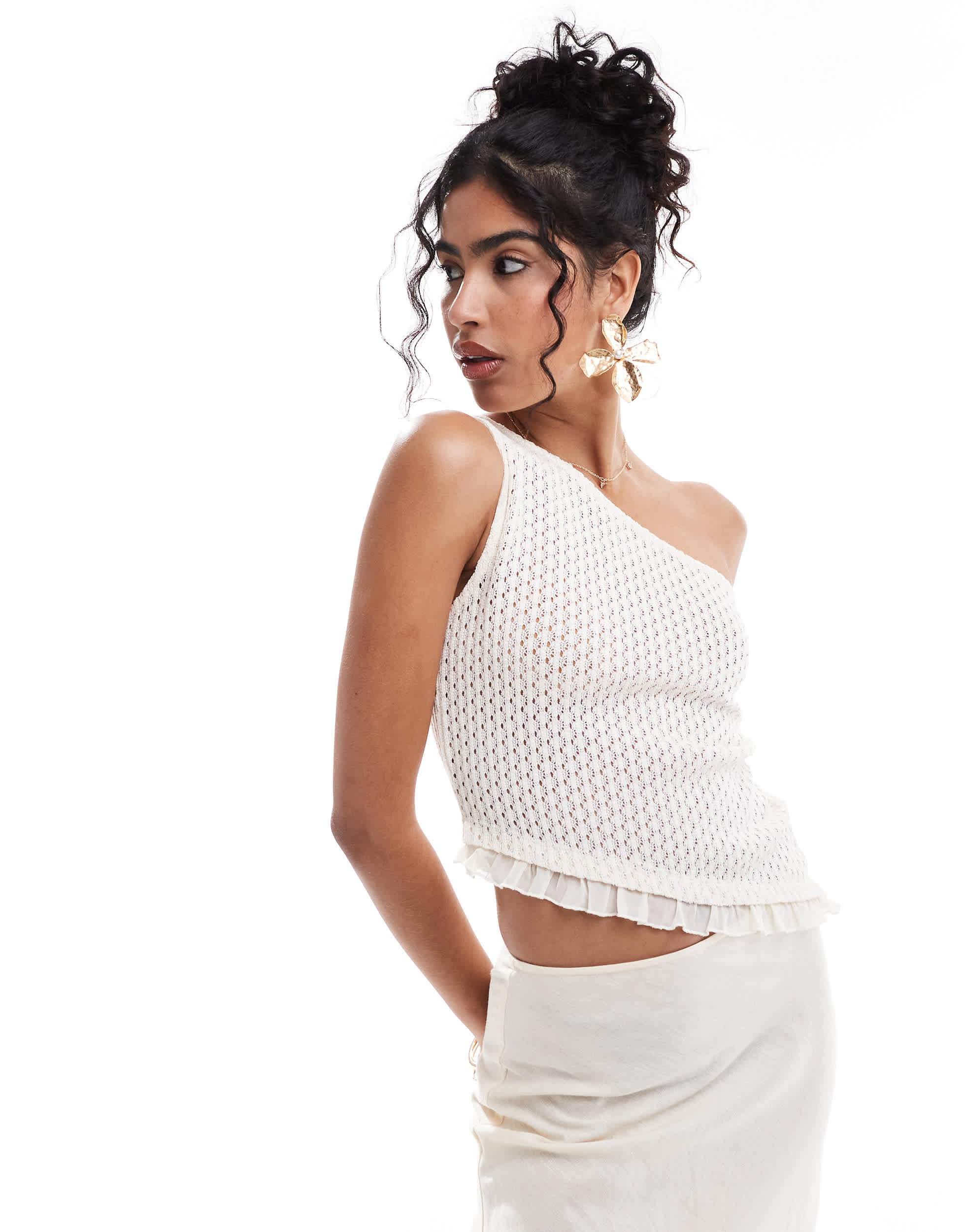 ASOS DESIGN crochet stitch one shoulder top in ecru