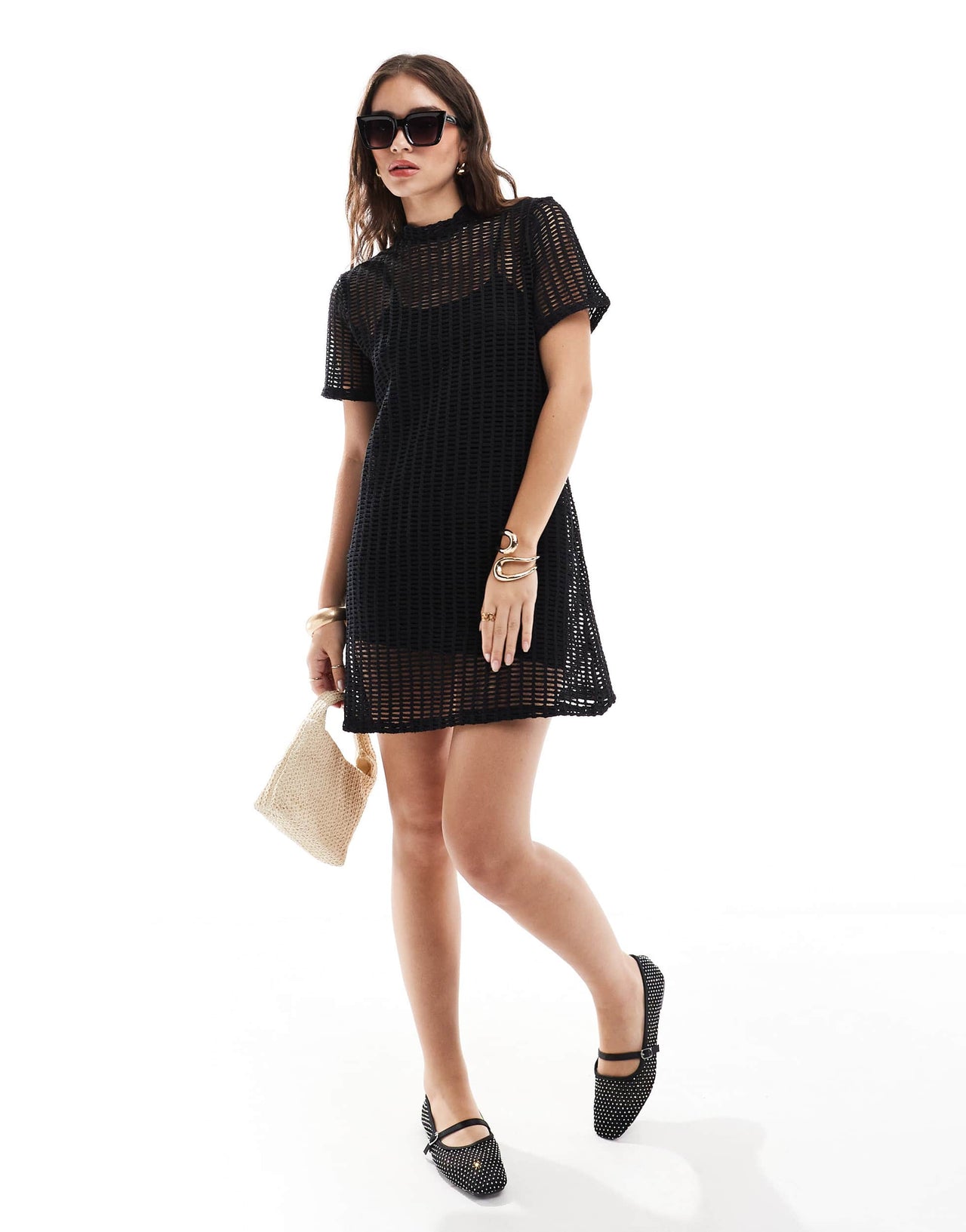 ASOS DESIGN open stitch t-shirt mini dress in black