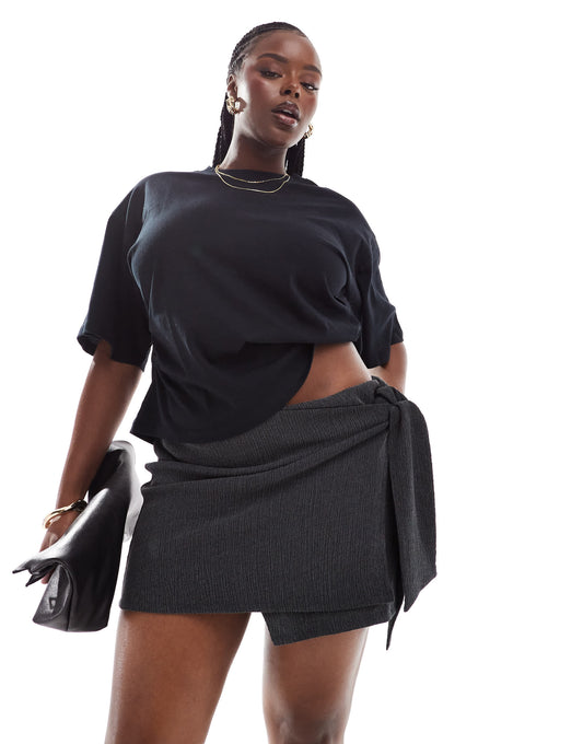 ASOS DESIGN Curve textured mini skirt with tie detail in black