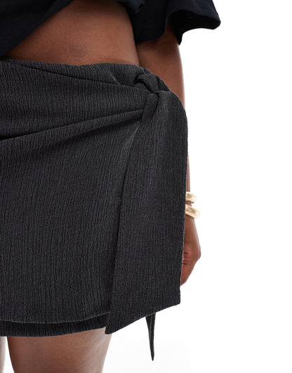 ASOS DESIGN Curve textured mini skirt with tie detail in black