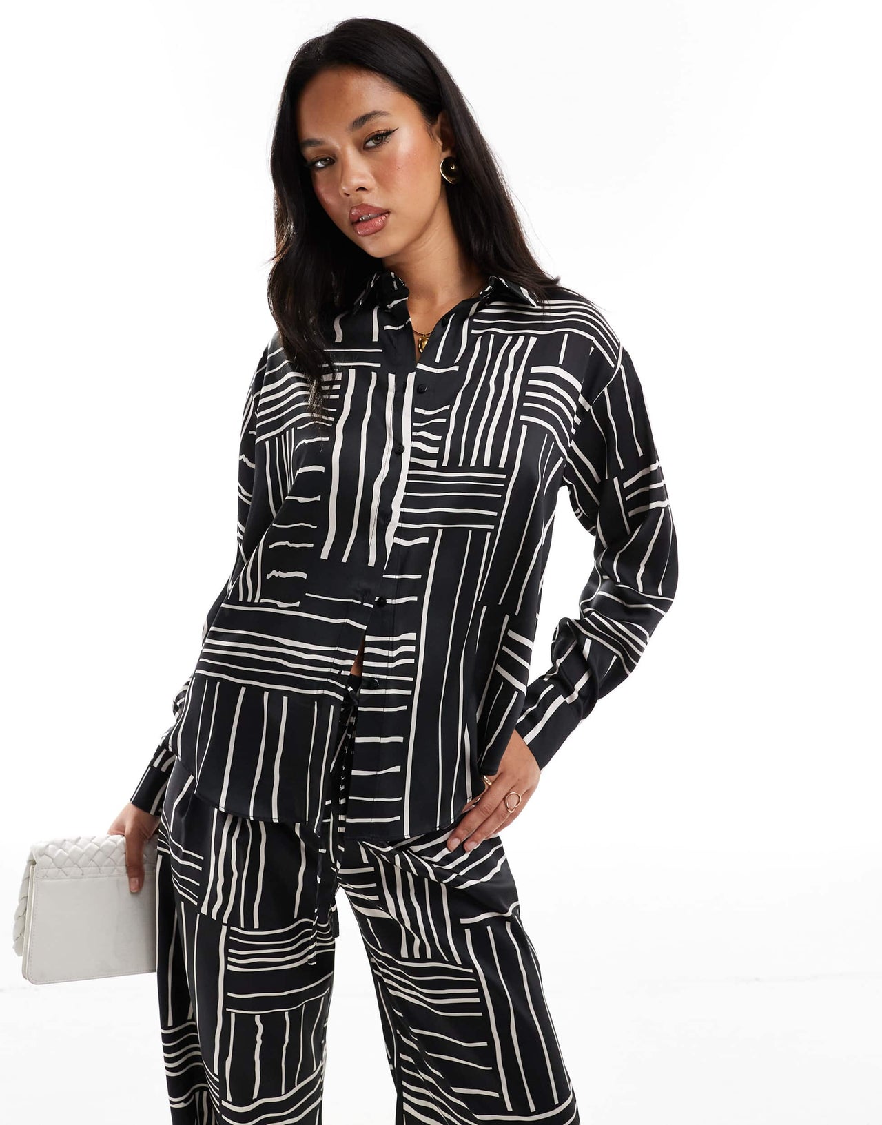 Style Cheat oversized satin shirt in mono print co-ord