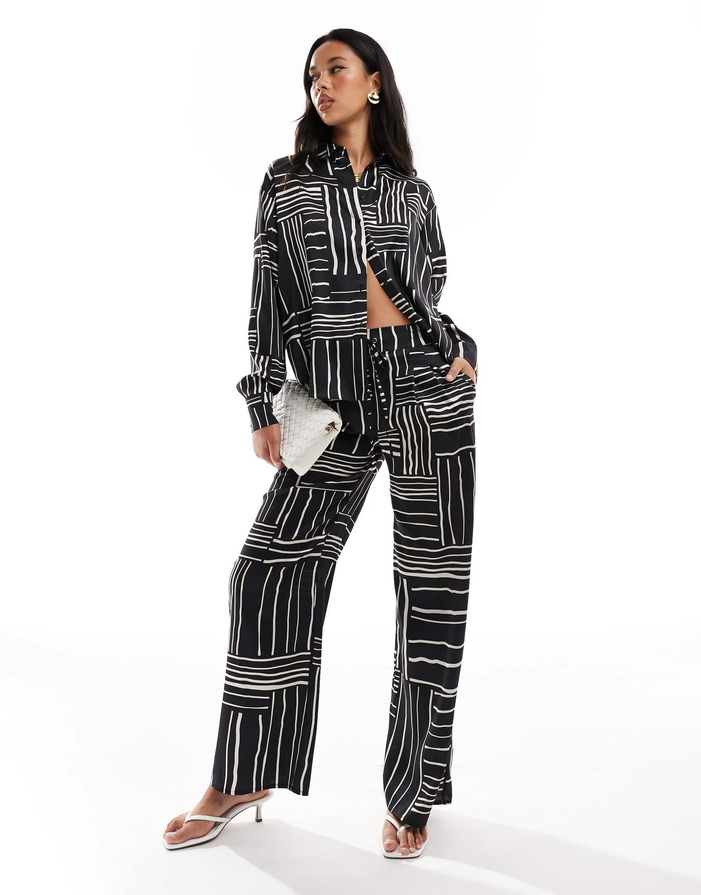 Style Cheat oversized satin shirt in mono print co-ord