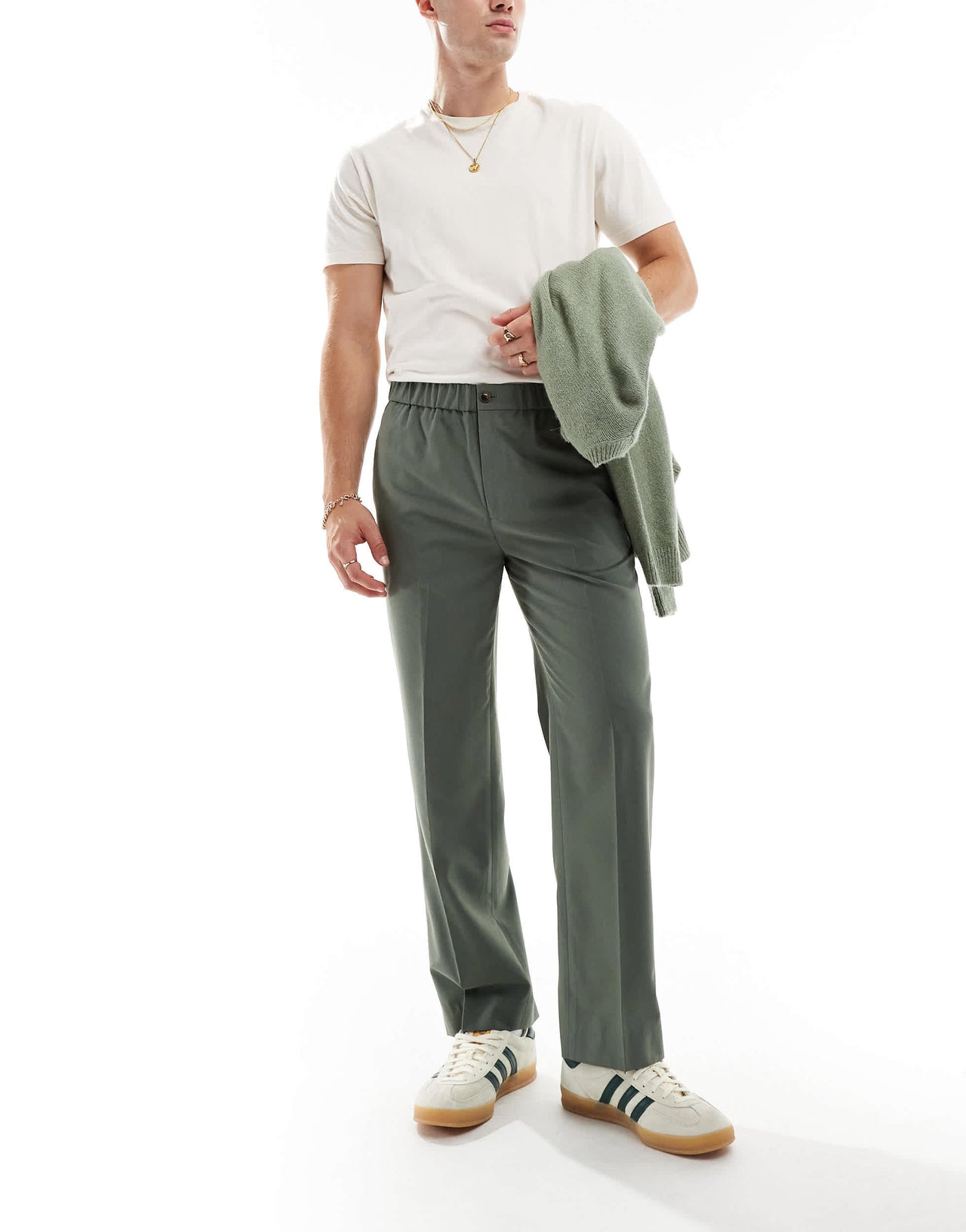 ASOS DESIGN pull on smart straight leg trousers in olive green
