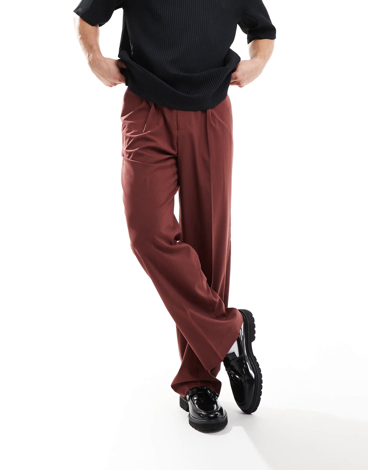 ASOS DESIGN smart wide leg trousers in burgundy with half elasticated waist