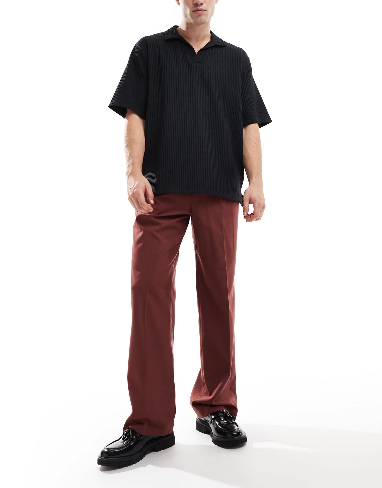 ASOS DESIGN smart wide leg trousers in burgundy with half elasticated waist