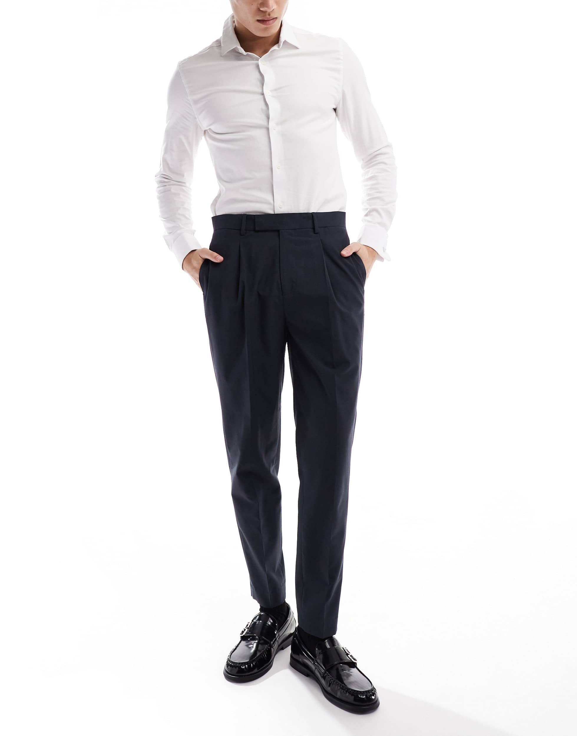 ASOS DESIGN smart tapered fit trousers with front pleat in charcoal