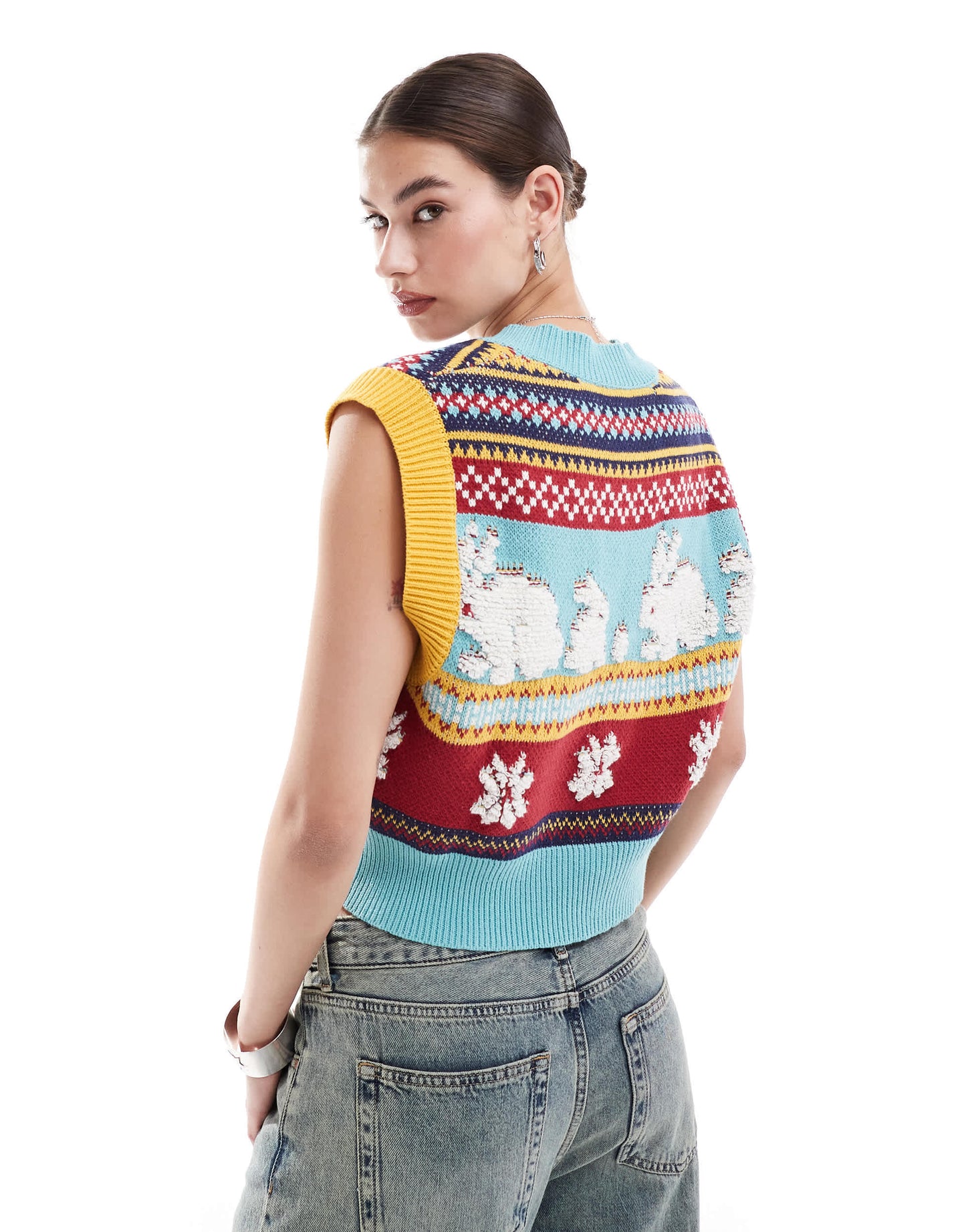 Urban Revivo v-neck rabbit intarsia knitted vest top in multi