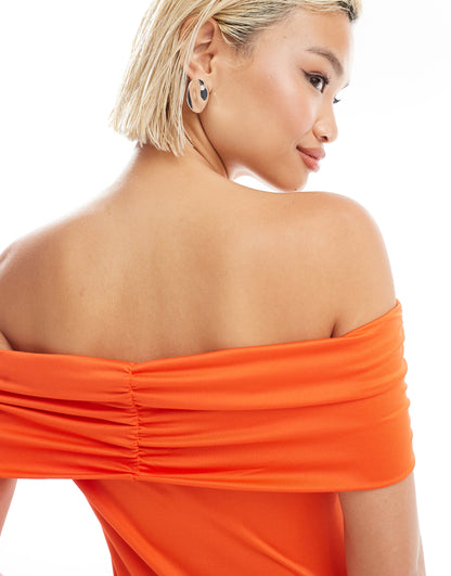 Monki off the shoulder bardot curpo jersey top in bright orange