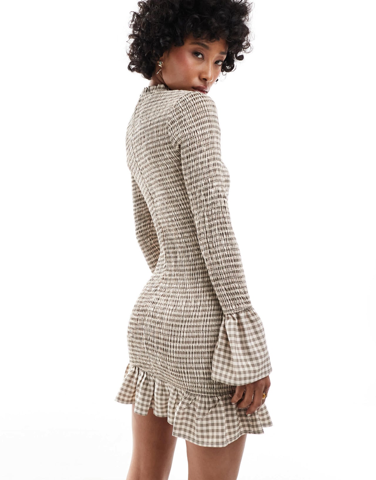 Glamorous long sleeve shirred mini dress in beige black check
