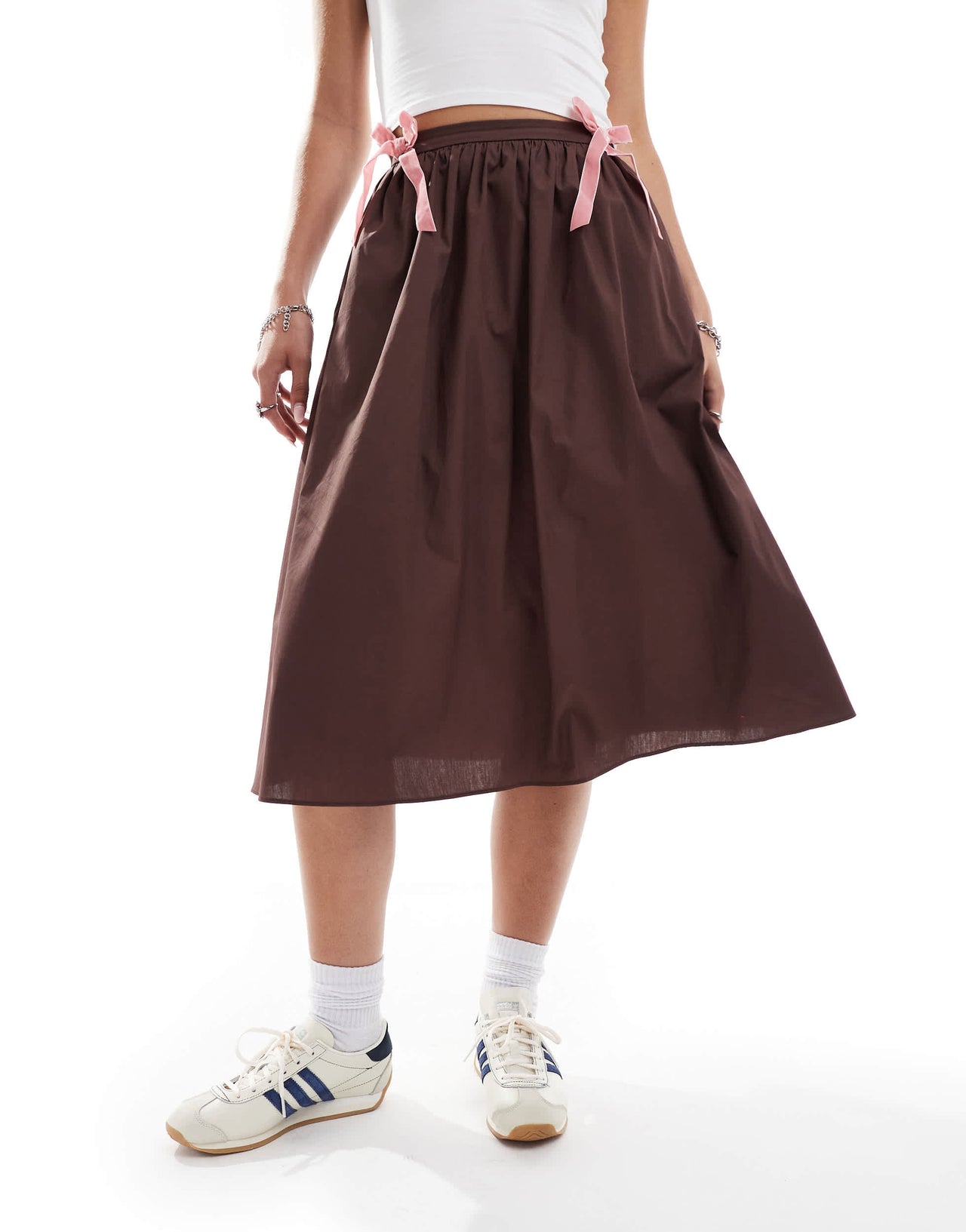 Glamorous a line skirt in brown with pink velvet bow ties