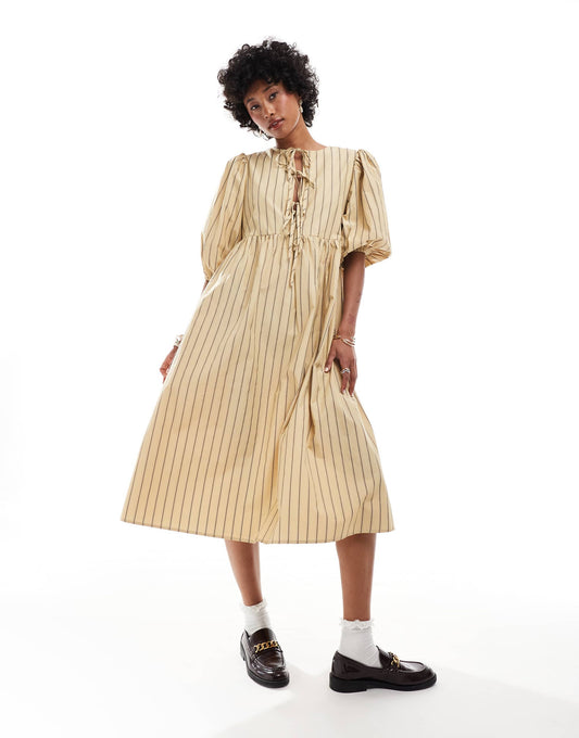 Glamorous smock midi dress with bow front in beige brown stripe
