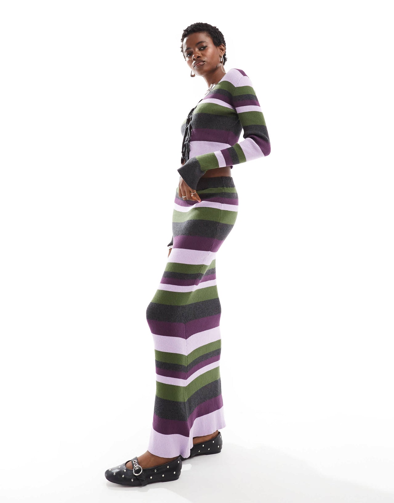 Glamorous maxi bodycon skirt in purple green stripe knit co-ord