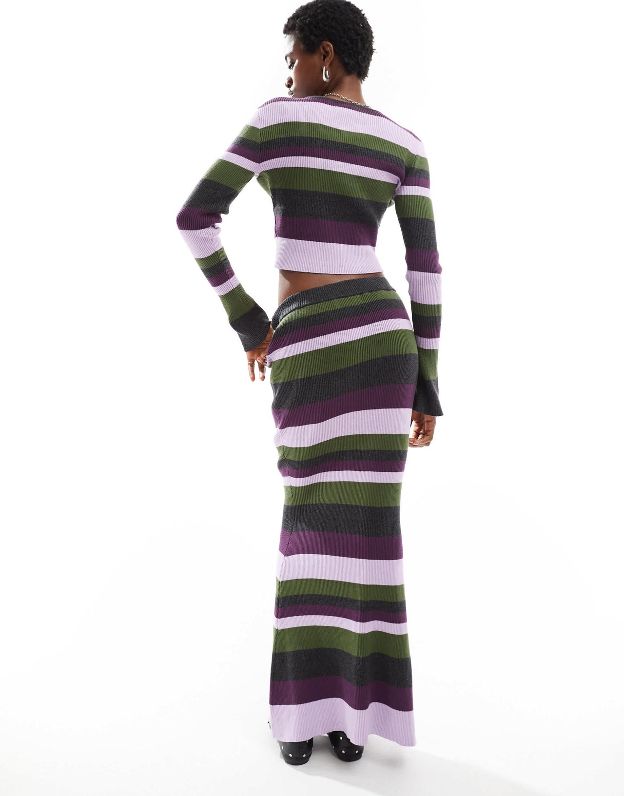 Glamorous maxi bodycon skirt in purple green stripe knit co-ord