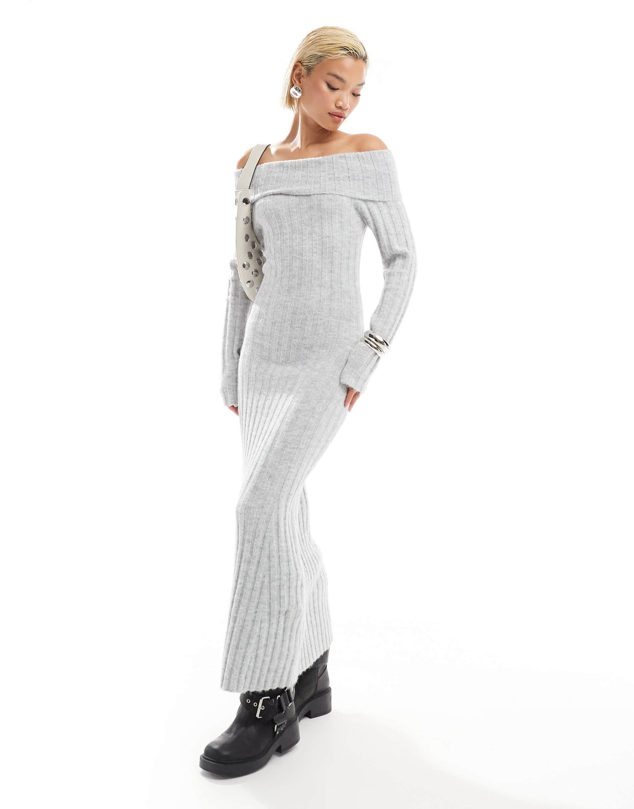 Glamorous off shoulder bodycon maxi knitted dress in grey marl
