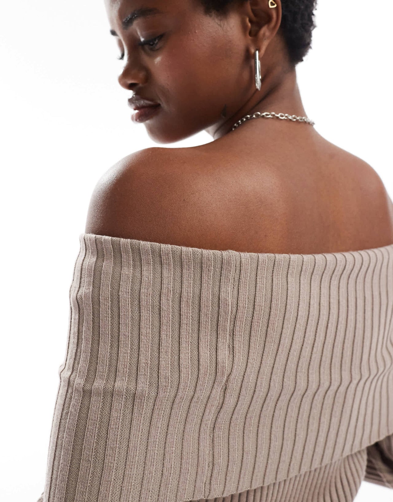 Glamorous off shoulder rib knit jumper in taupe co-ord
