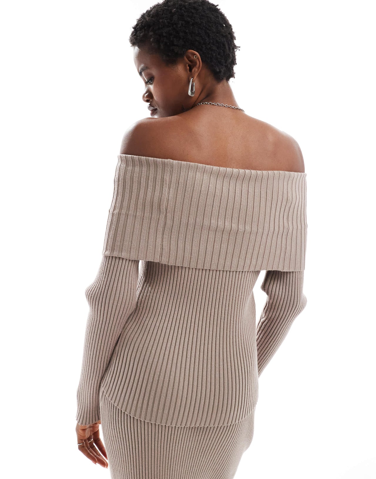 Glamorous off shoulder rib knit jumper in taupe co-ord
