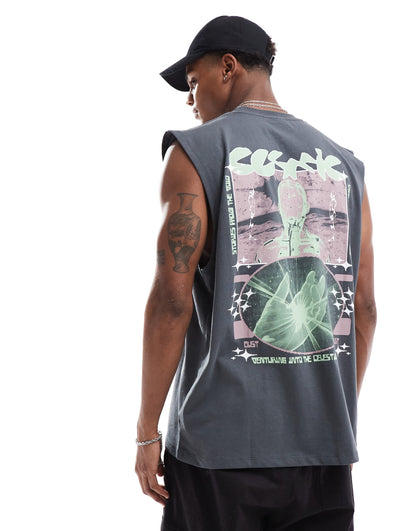 ASOS DESIGN oversized tank with celestial back print in washed charcoal