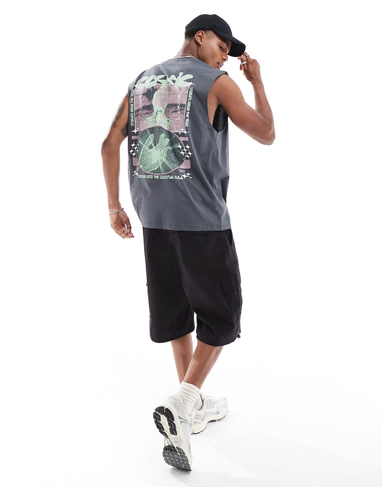 ASOS DESIGN oversized tank with celestial back print in washed charcoal